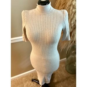 MODA International Beige Cream Ribbed Short Sleeve Turtleneck Sweater Dress M